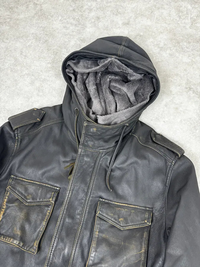 AW2011 Emporio Armani Hooded Faded Black Leather Jacket YOJxkGx 4