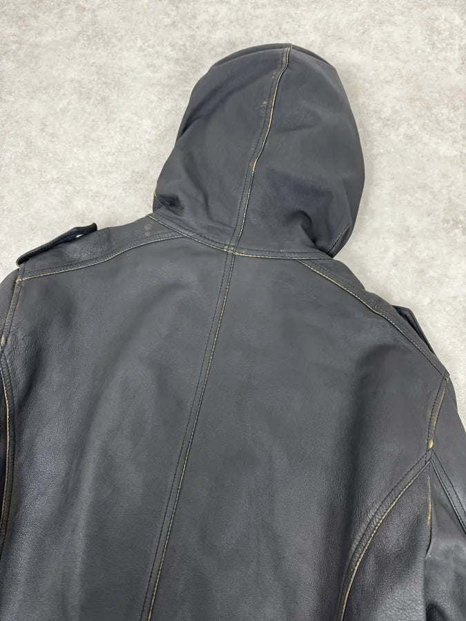 AW2011 Emporio Armani Hooded Faded Black Leather Jacket YOJxkGx 5