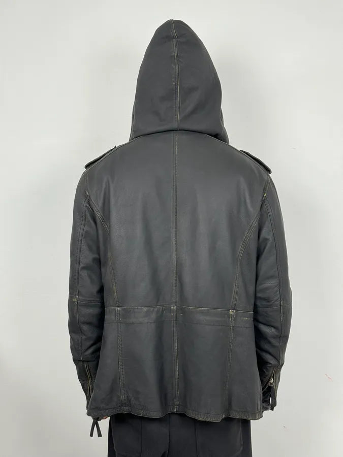 AW2011 Emporio Armani Hooded Faded Black Leather Jacket YOJxkGx 2