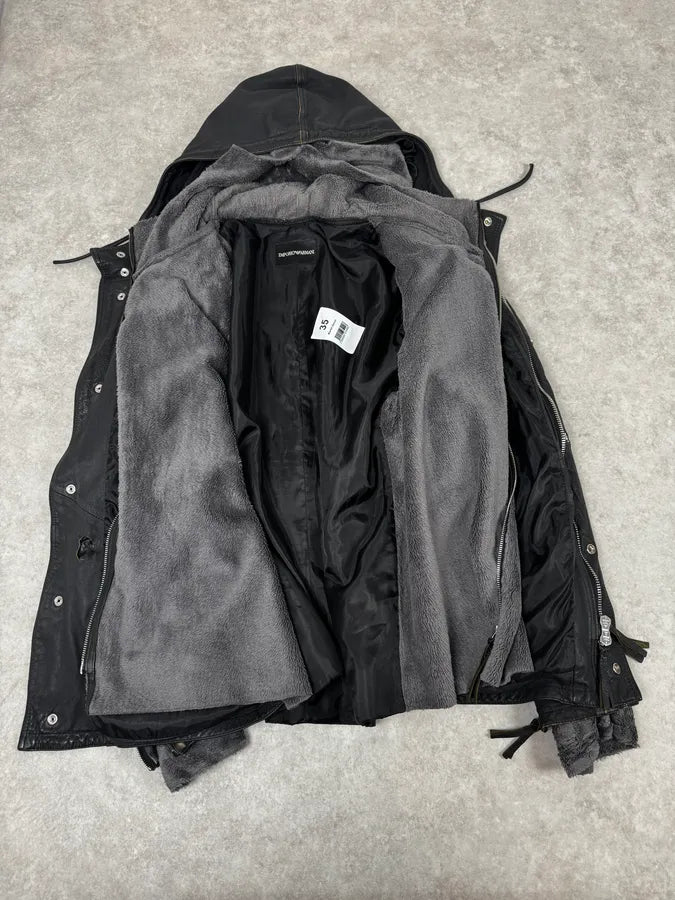 AW2011 Emporio Armani Hooded Faded Black Leather Jacket YOJxkGx 6
