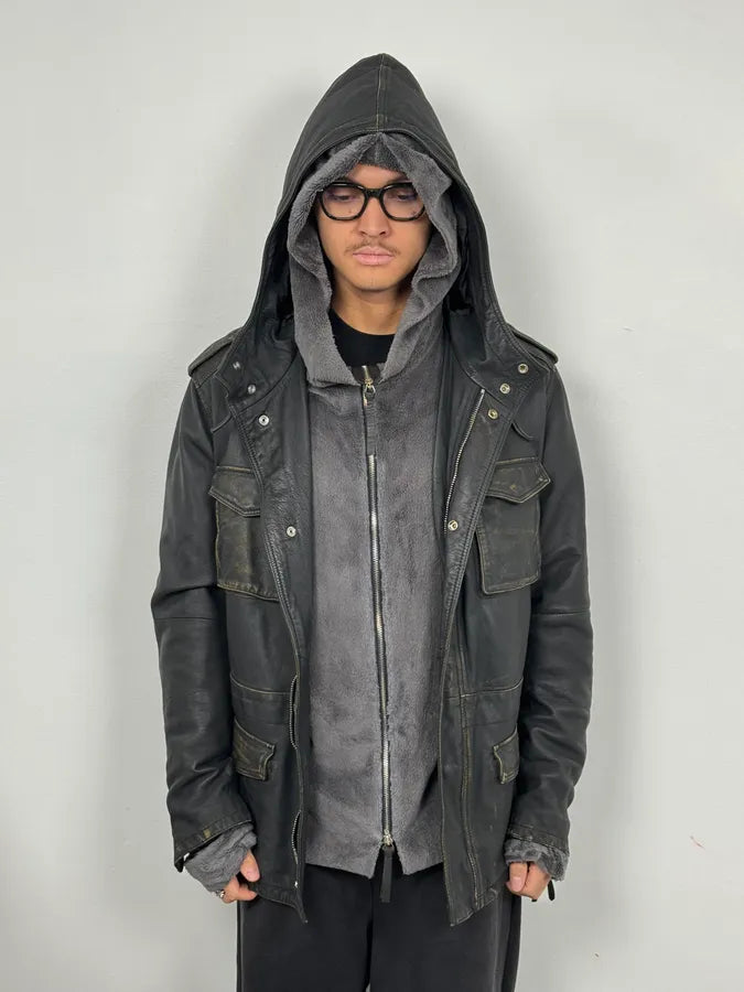 AW2011 Emporio Armani Hooded Faded Black Leather Jacket YOJxkGx 1