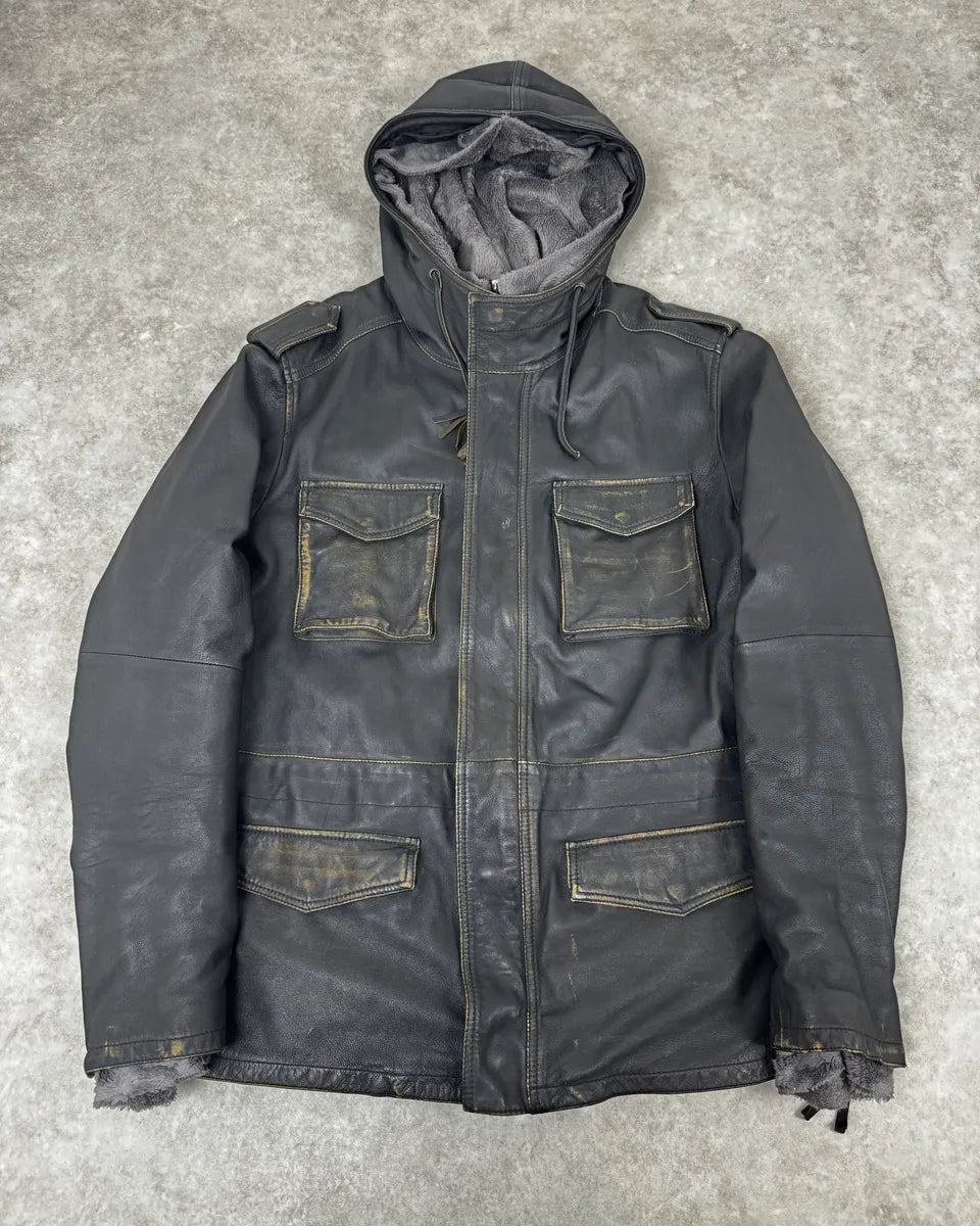 AW2011 Emporio Armani Hooded Faded Black Leather Jacket YOJxkGx 0