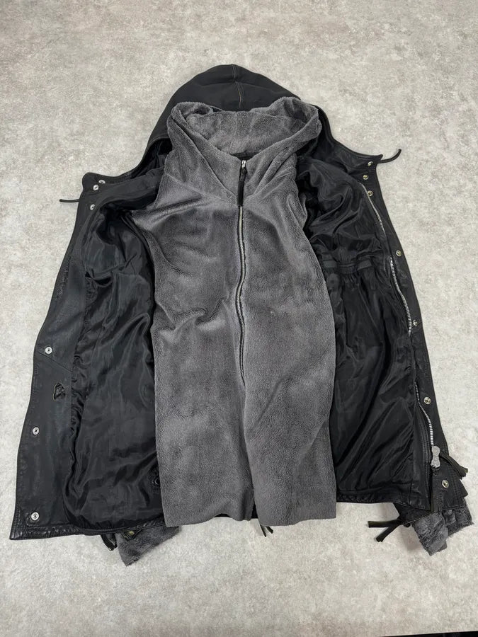 AW2011 Emporio Armani Hooded Faded Black Leather Jacket YOJxkGx 7