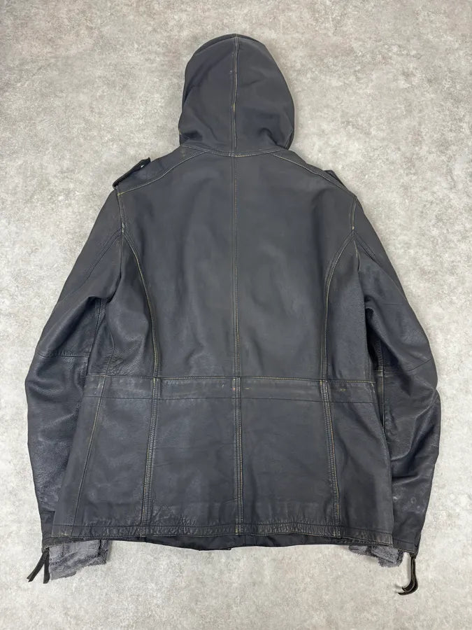 AW2011 Emporio Armani Hooded Faded Black Leather Jacket YOJxkGx 3