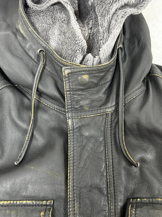 AW2011 Emporio Armani Hooded Faded Black Leather Jacket YOJxkGx 8
