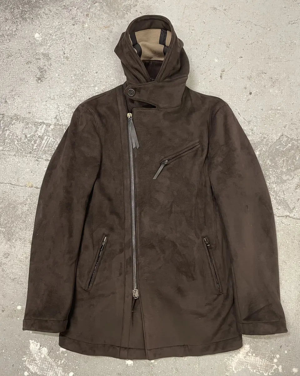 AW2011 Giorgio Armani Asymmetrical Zip Brown Hooded Suede Leather Coat BxrIbfA 0