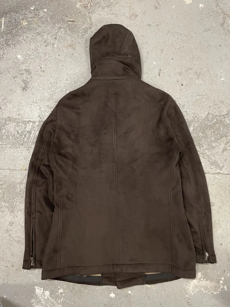 AW2011 Giorgio Armani Asymmetrical Zip Brown Hooded Suede Leather Coat BxrIbfA 1