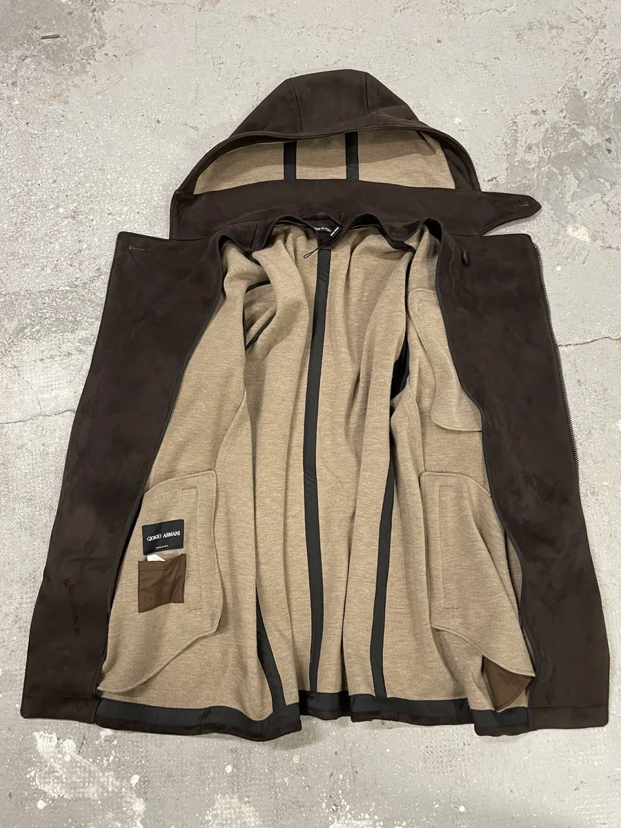 AW2011 Giorgio Armani Asymmetrical Zip Brown Hooded Suede Leather Coat BxrIbfA 10
