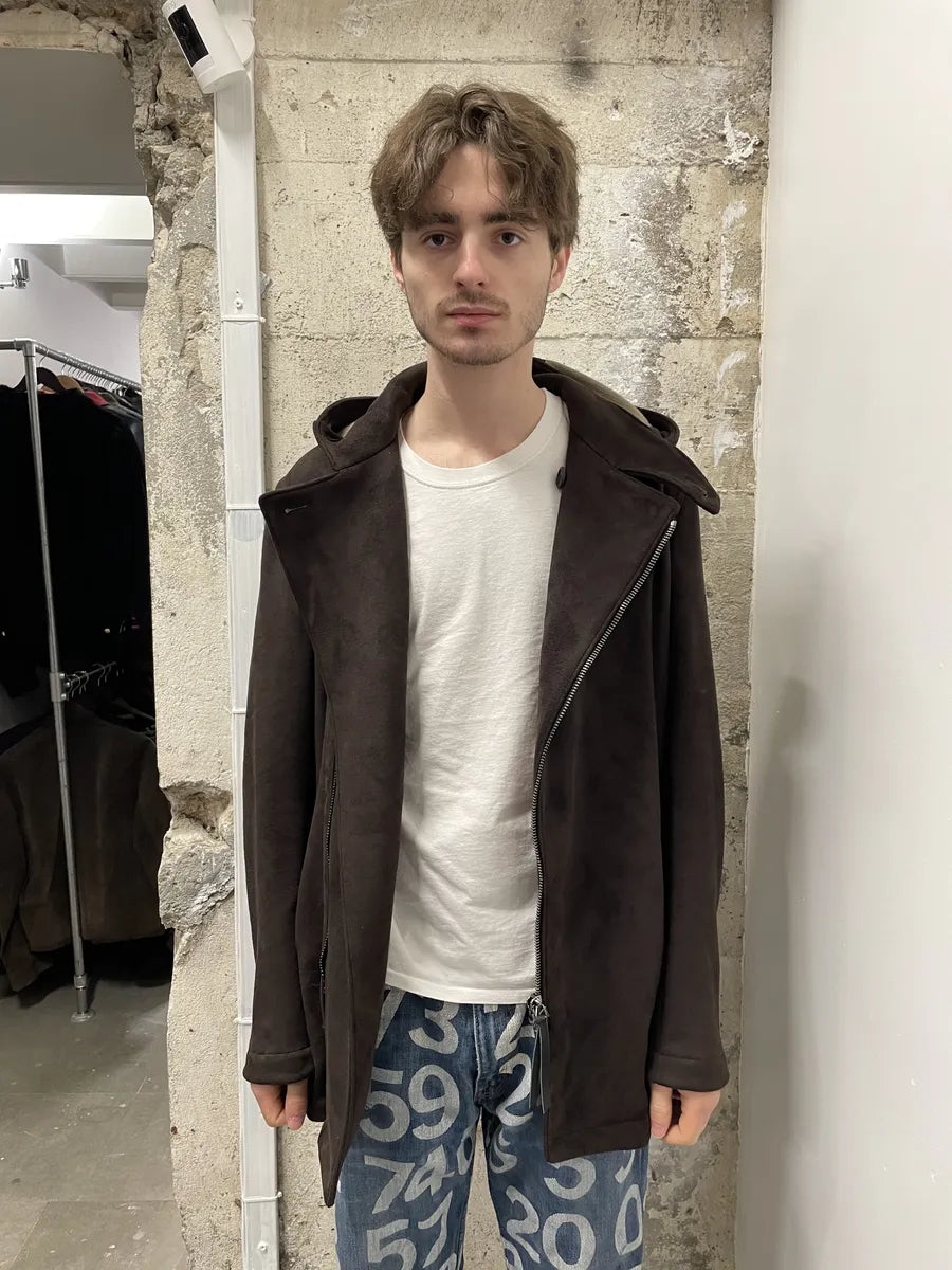 AW2011 Giorgio Armani Asymmetrical Zip Brown Hooded Suede Leather Coat BxrIbfA 2