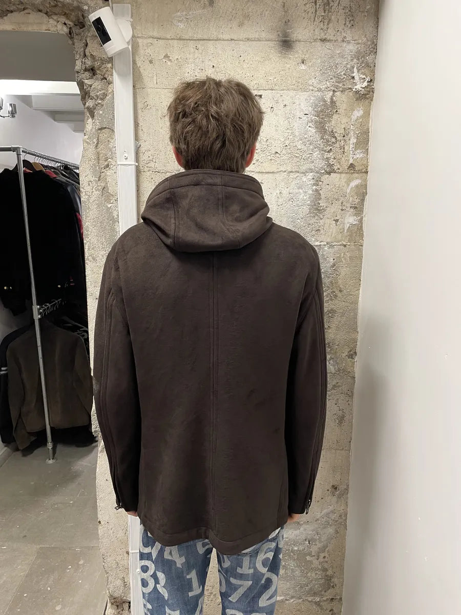 AW2011 Giorgio Armani Asymmetrical Zip Brown Hooded Suede Leather Coat BxrIbfA 3
