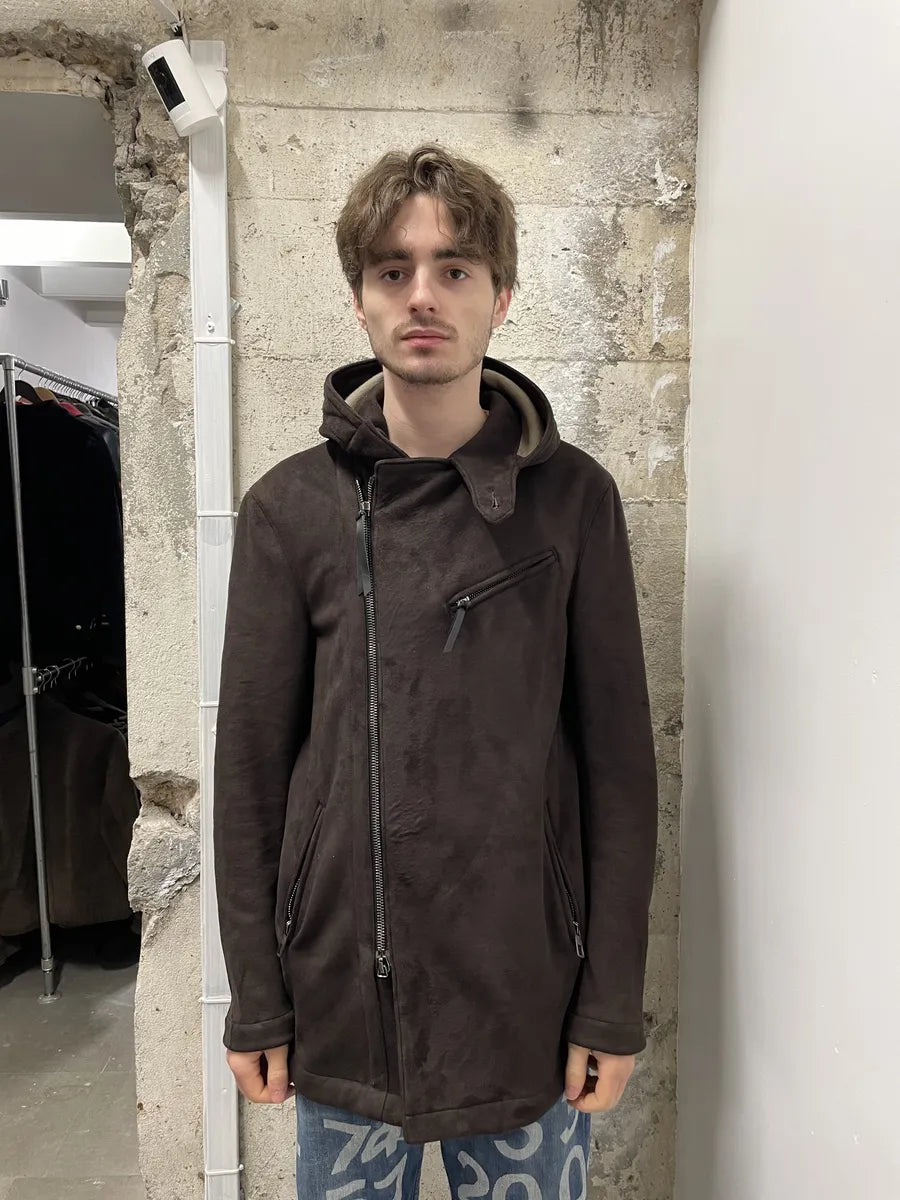 AW2011 Giorgio Armani Asymmetrical Zip Brown Hooded Suede Leather Coat BxrIbfA 4