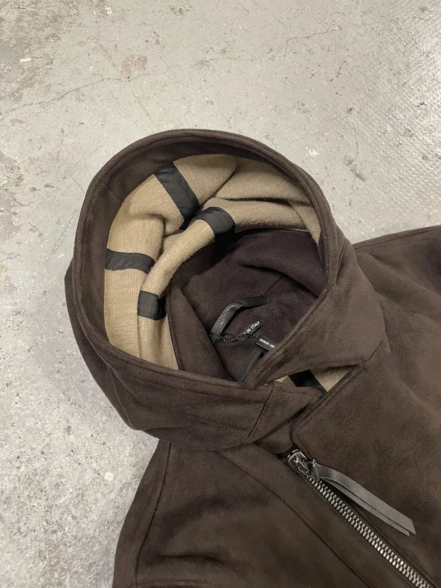 AW2011 Giorgio Armani Asymmetrical Zip Brown Hooded Suede Leather Coat BxrIbfA 5