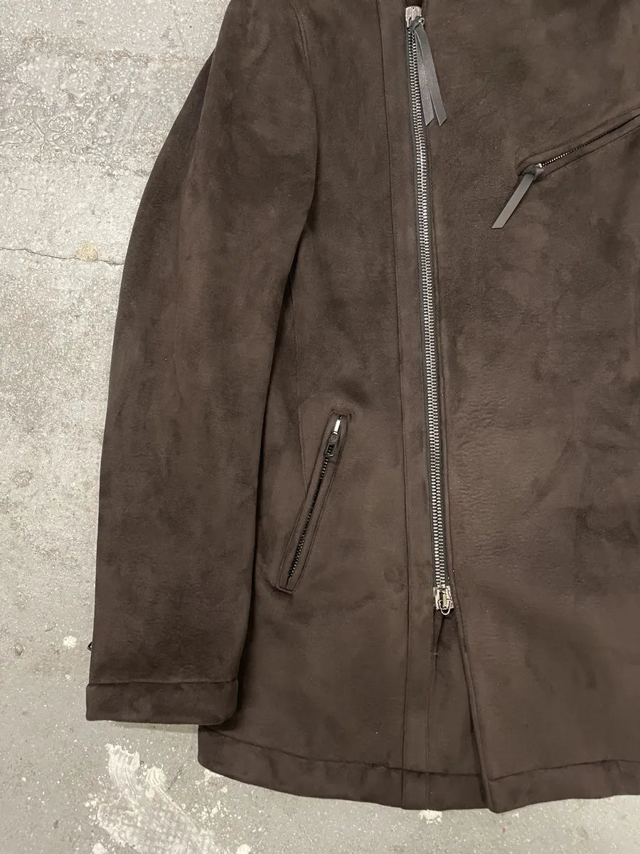 AW2011 Giorgio Armani Asymmetrical Zip Brown Hooded Suede Leather Coat BxrIbfA 7