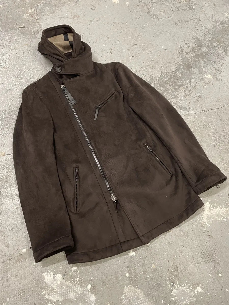 AW2011 Giorgio Armani Asymmetrical Zip Brown Hooded Suede Leather Coat BxrIbfA 8