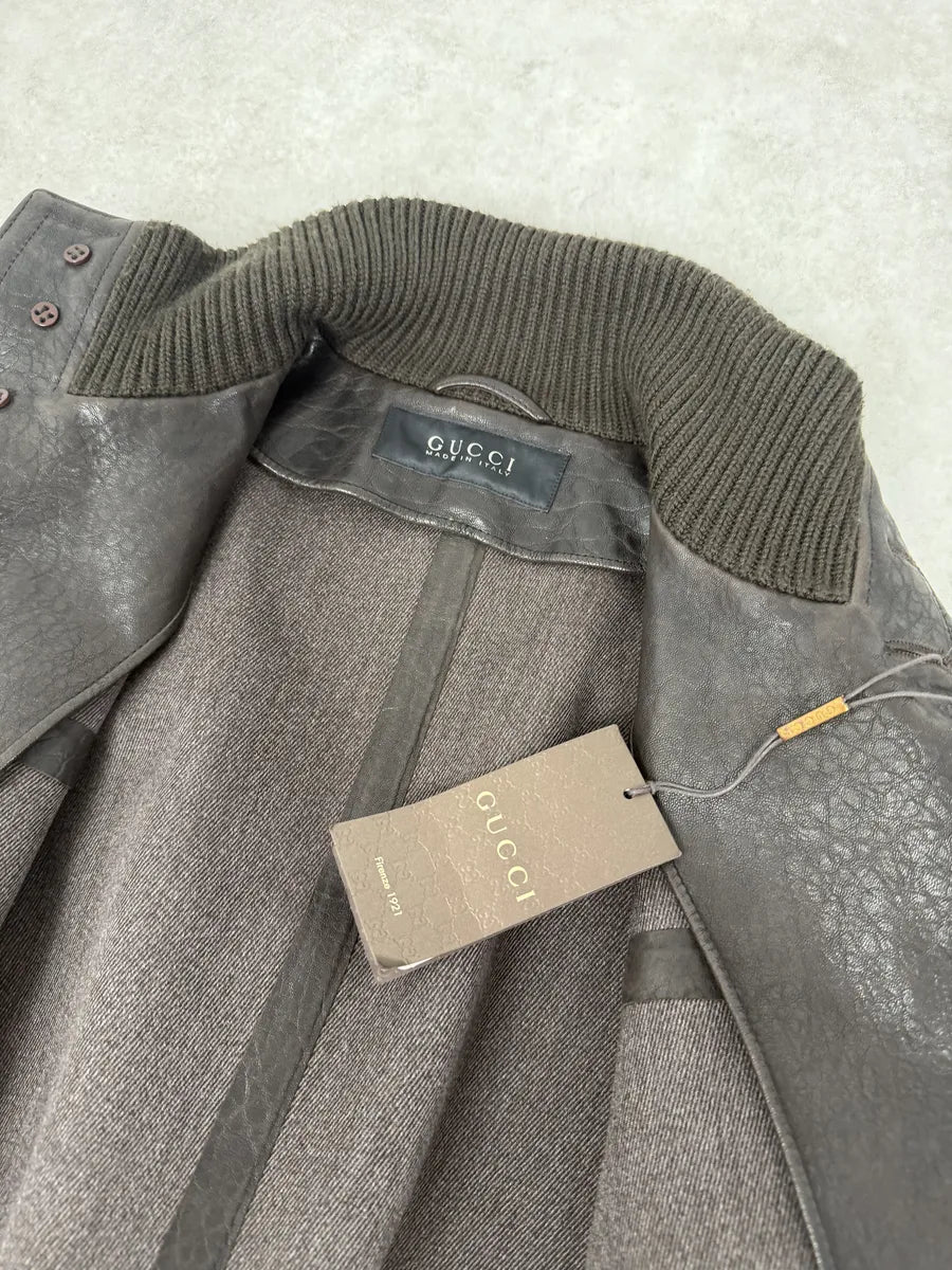 AW2011 Gucci Brown Buttoned Grained Leather Jacket OLrYhKp 13