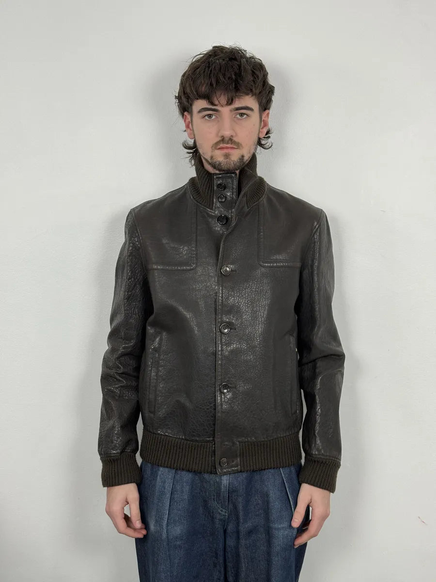 AW2011 Gucci Brown Buttoned Grained Leather Jacket OLrYhKp 2