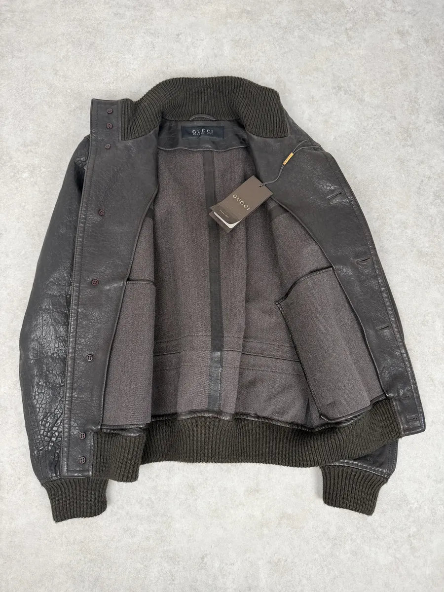 AW2011 Gucci Brown Buttoned Grained Leather Jacket OLrYhKp 6