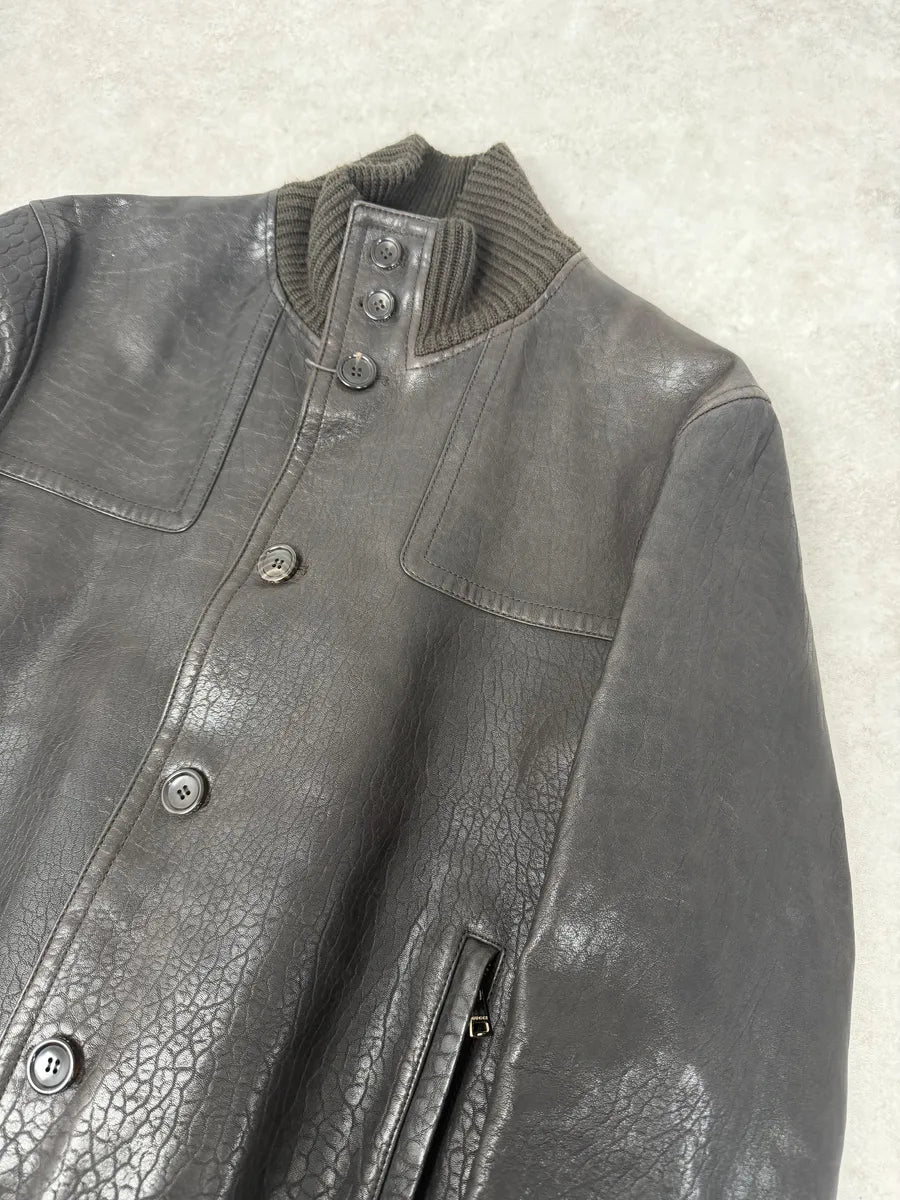 AW2011 Gucci Brown Buttoned Grained Leather Jacket OLrYhKp 9