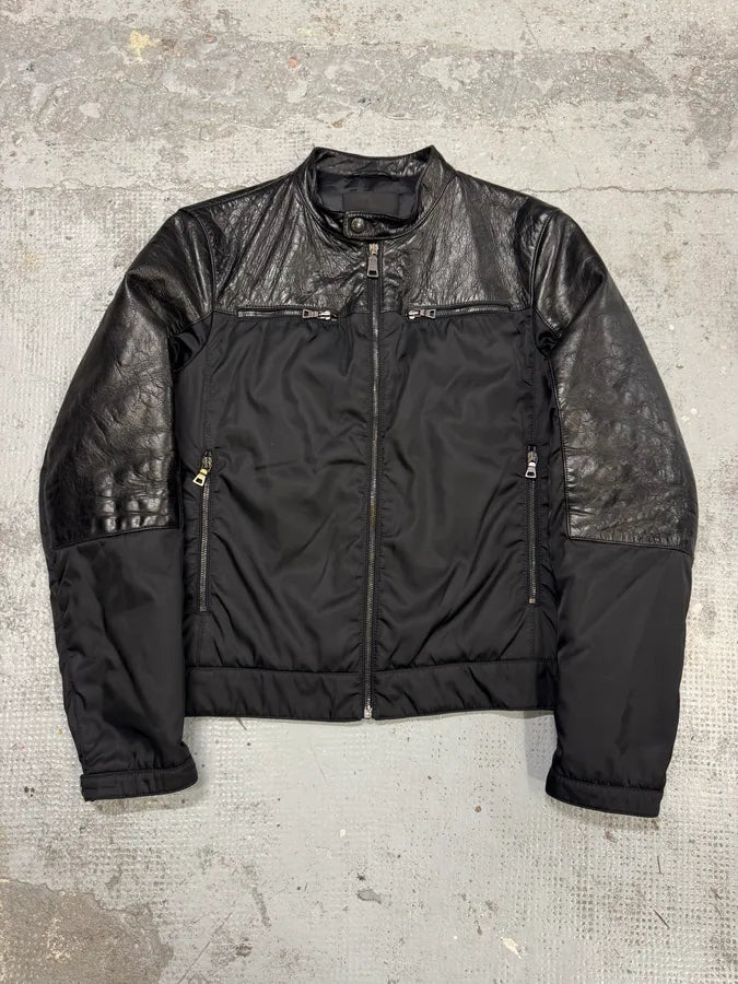 AW2011 Prada Black Biker Nylon & Leather Hybrid Bomber Jacket RJdzqAG 0