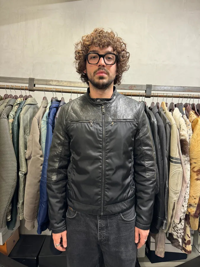 AW2011 Prada Black Biker Nylon & Leather Hybrid Bomber Jacket RJdzqAG 1