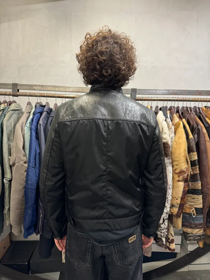 AW2011 Prada Black Biker Nylon & Leather Hybrid Bomber Jacket RJdzqAG 2