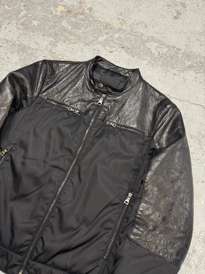 AW2011 Prada Black Biker Nylon & Leather Hybrid Bomber Jacket RJdzqAG 4