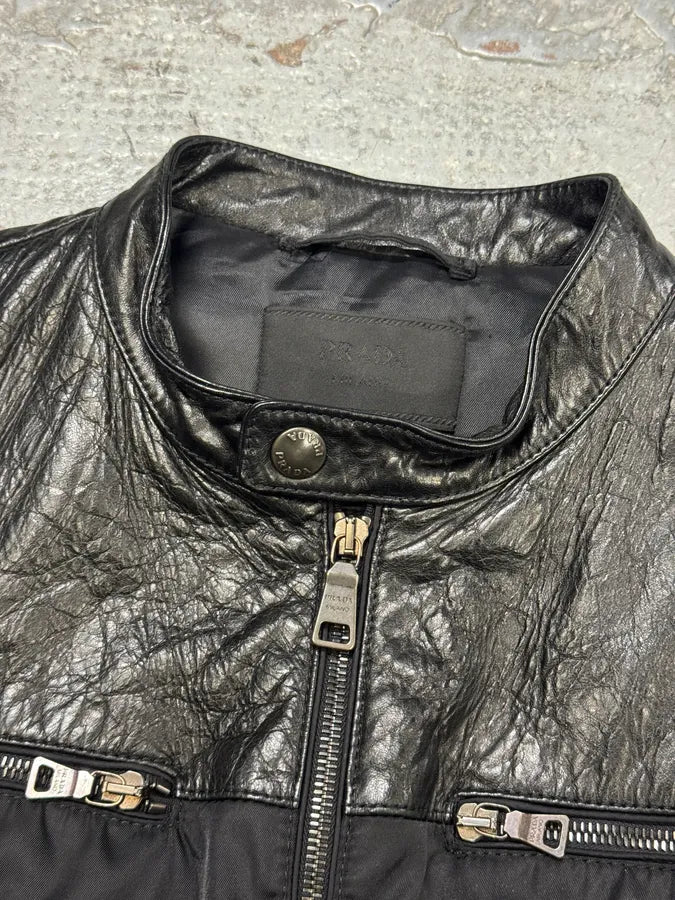 AW2011 Prada Black Biker Nylon & Leather Hybrid Bomber Jacket RJdzqAG 5