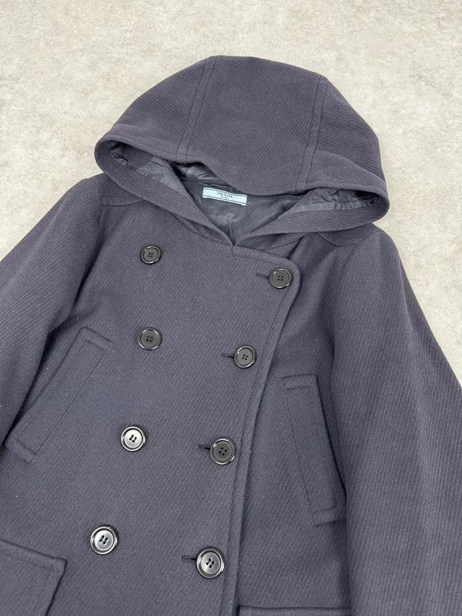 AW2011 Prada Navy Asymmetrical Wool Double-Breasted Long Jacket vwVeYMQ 4