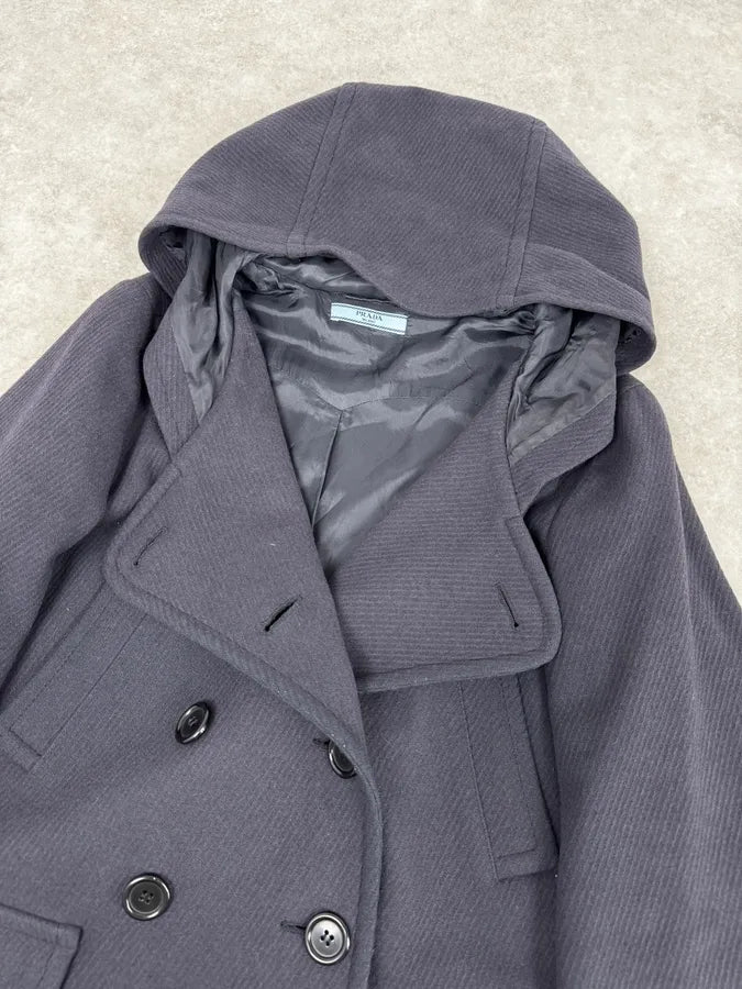 AW2011 Prada Navy Asymmetrical Wool Double-Breasted Long Jacket vwVeYMQ 5