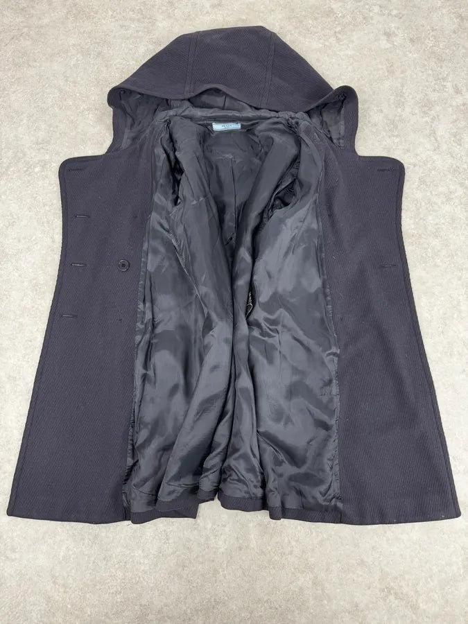 AW2011 Prada Navy Asymmetrical Wool Double-Breasted Long Jacket vwVeYMQ 7