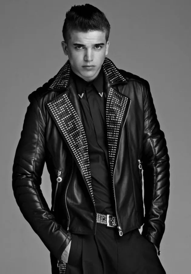 AW2011 Versace x H&M Black Leather Studded Leather Biker Jacket NiuvdHGG 1
