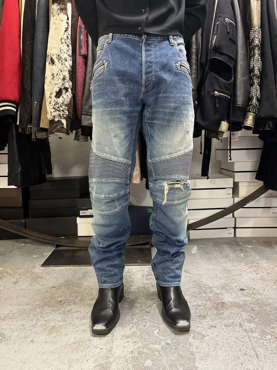 AW2012 Balmain Avant-Garde Blue Biker Denim Jeans JeaAnwa 1