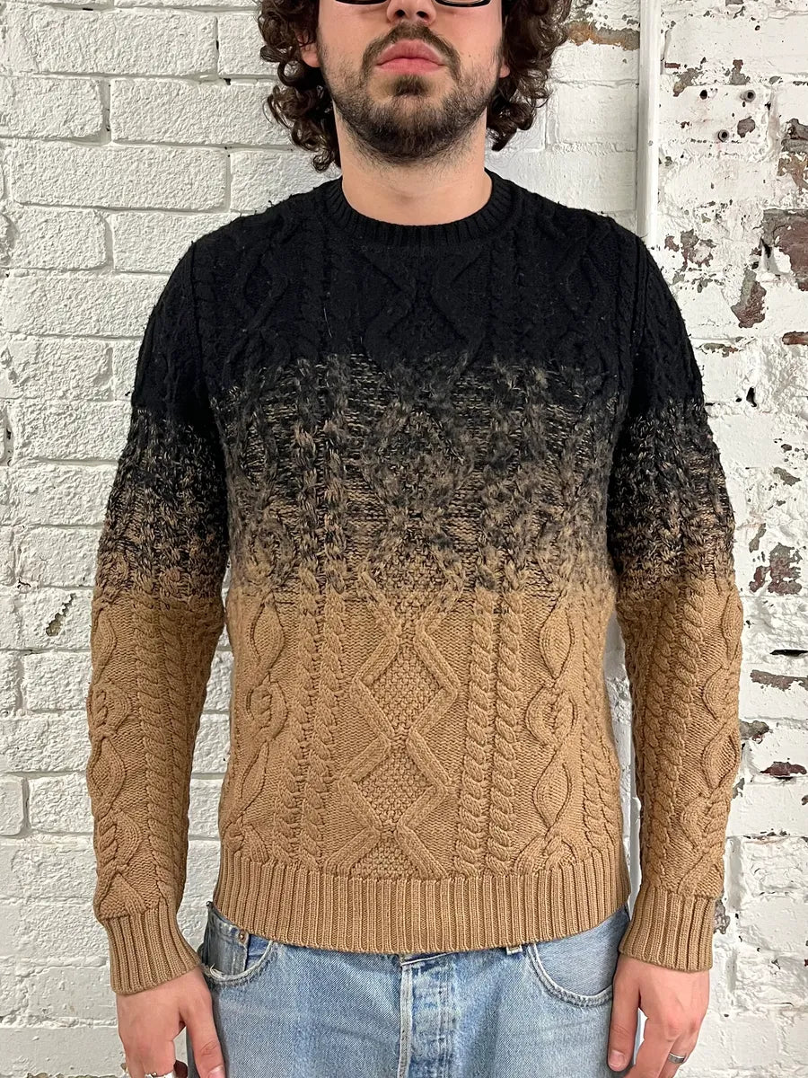 AW2012 Dsquared2 Gradient Cable Knit Black & Beige Wool Sweater UemZeSm 1