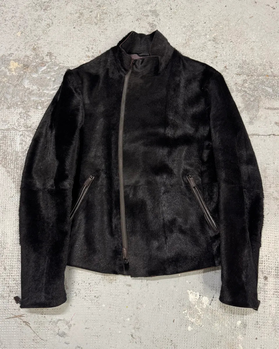 AW2012 Emporio Armani Asymmetrical Zip Black Pony Hair Leather Jacket VIENJEB 0