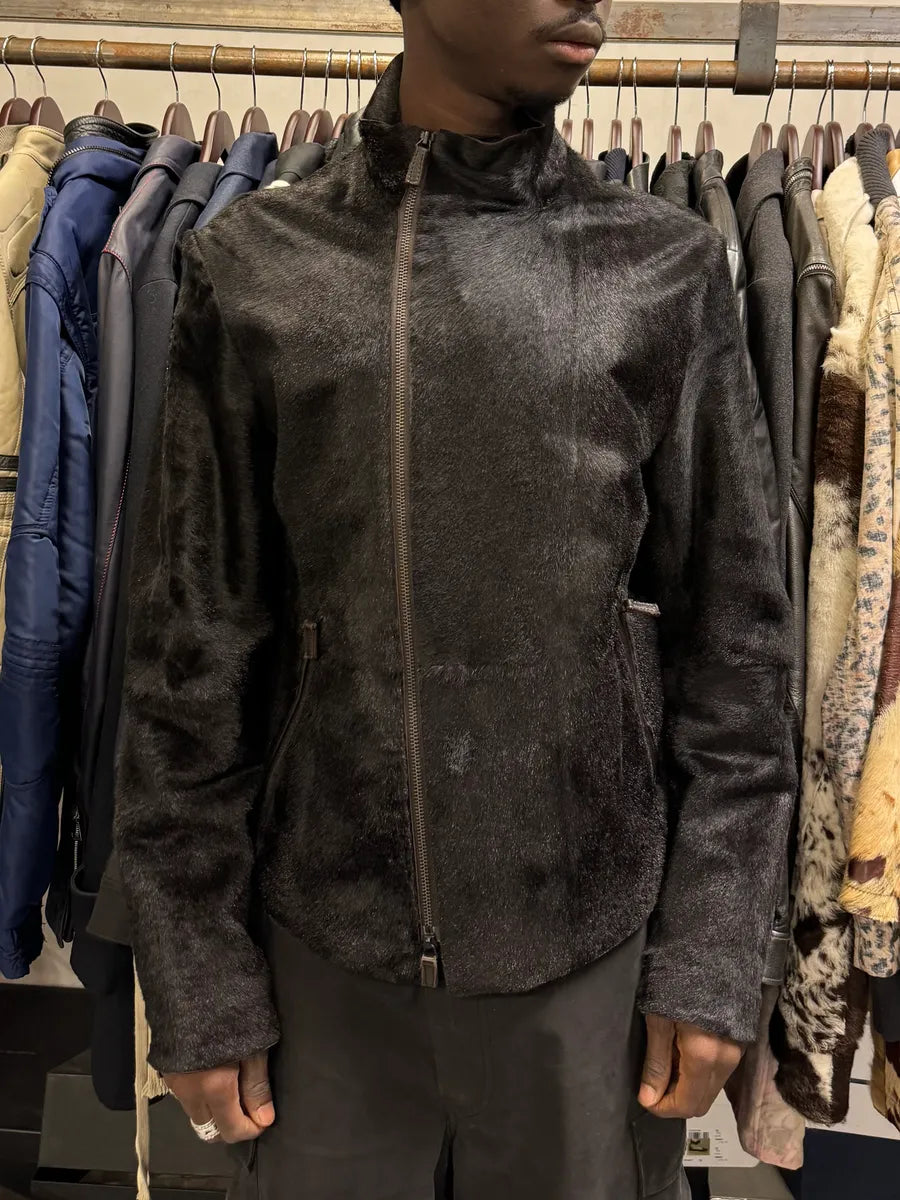 AW2012 Emporio Armani Asymmetrical Zip Black Pony Hair Leather Jacket VIENJEB 1