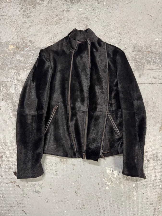 AW2012 Emporio Armani Asymmetrical Zip Black Pony Hair Leather Jacket VIENJEB 2