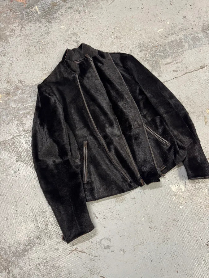 AW2012 Emporio Armani Asymmetrical Zip Black Pony Hair Leather Jacket VIENJEB 3