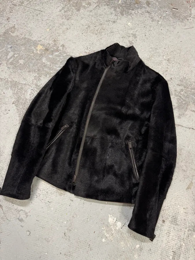 AW2012 Emporio Armani Asymmetrical Zip Black Pony Hair Leather Jacket VIENJEB 4