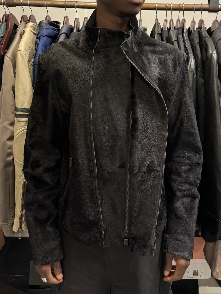 AW2012 Emporio Armani Asymmetrical Zip Black Pony Hair Leather Jacket VIENJEB 5