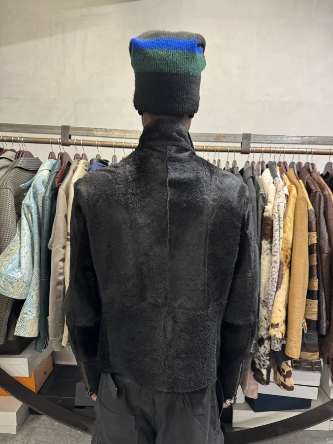 AW2012 Emporio Armani Asymmetrical Zip Black Pony Hair Leather Jacket VIENJEB 7