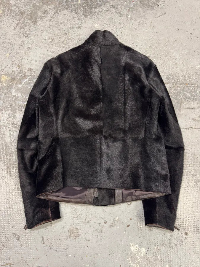 AW2012 Emporio Armani Asymmetrical Zip Black Pony Hair Leather Jacket VIENJEB 8