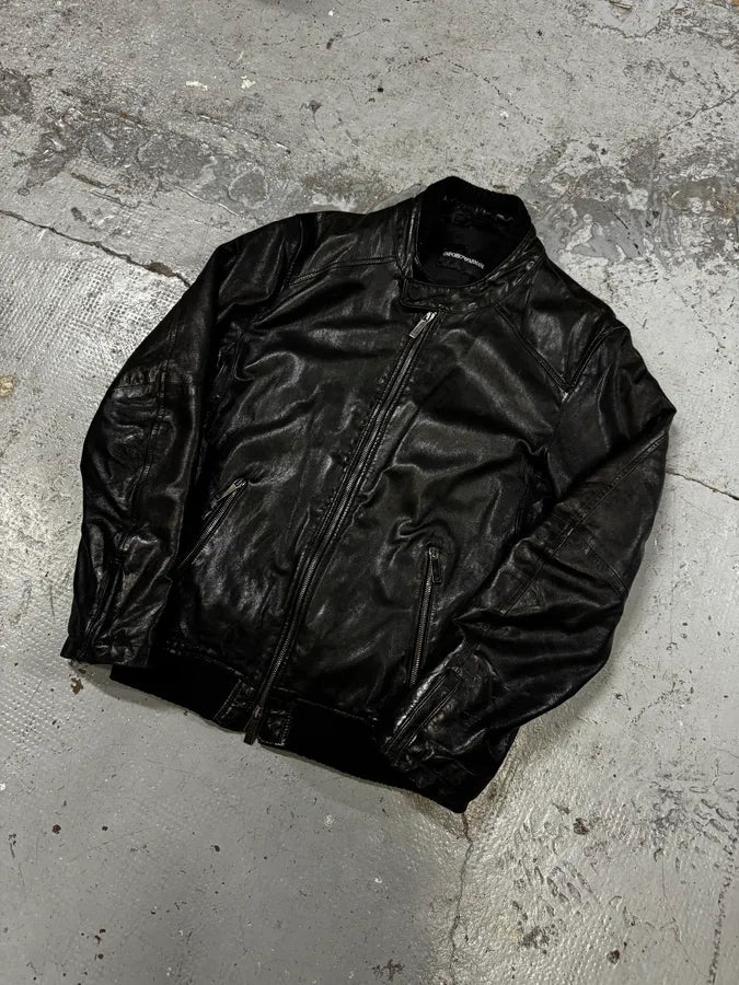 AW2012 Emporio Armani Black Simple Leather Jacket IauYlqf 1