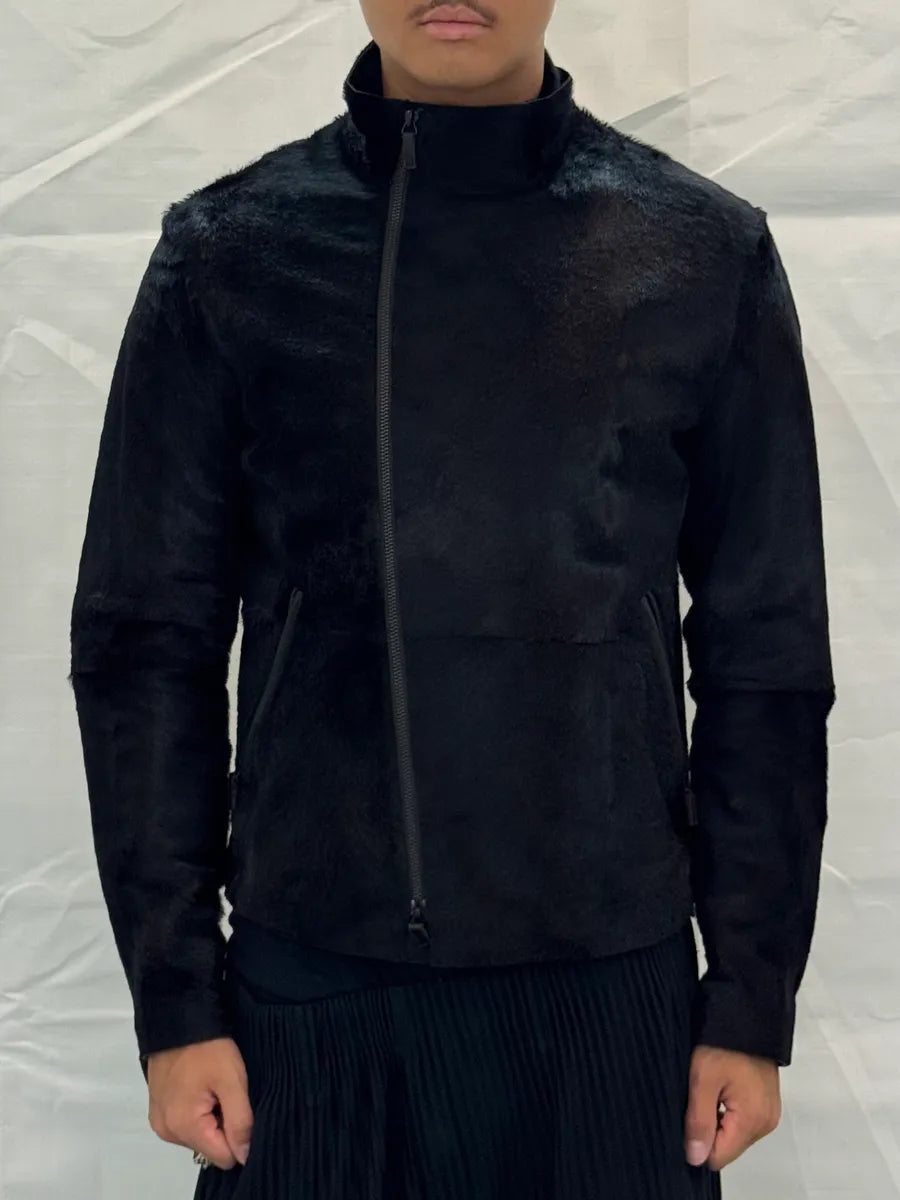 AW2012 Emporio Armani Pony Hair Asymmetrical Zip Black Jacket jiyoVSy 1