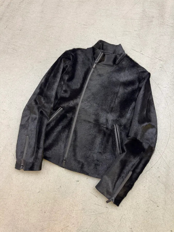 AW2012 Emporio Armani Pony Hair Asymmetrical Zip Black Jacket jiyoVSy 2