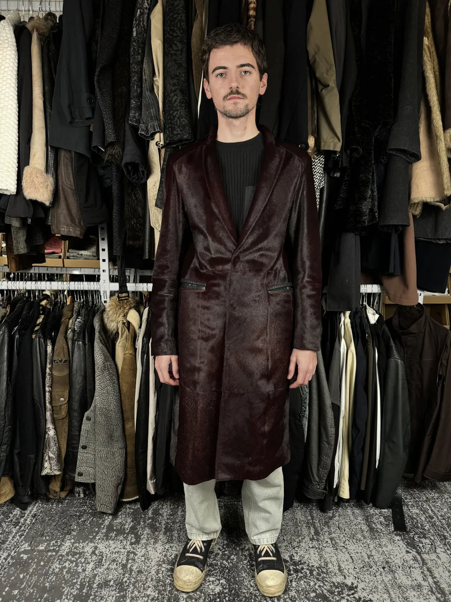 AW2012 Emporio Armani Red Bordeaux Pony Hair Leather Trench Coat FEIFHzD 3