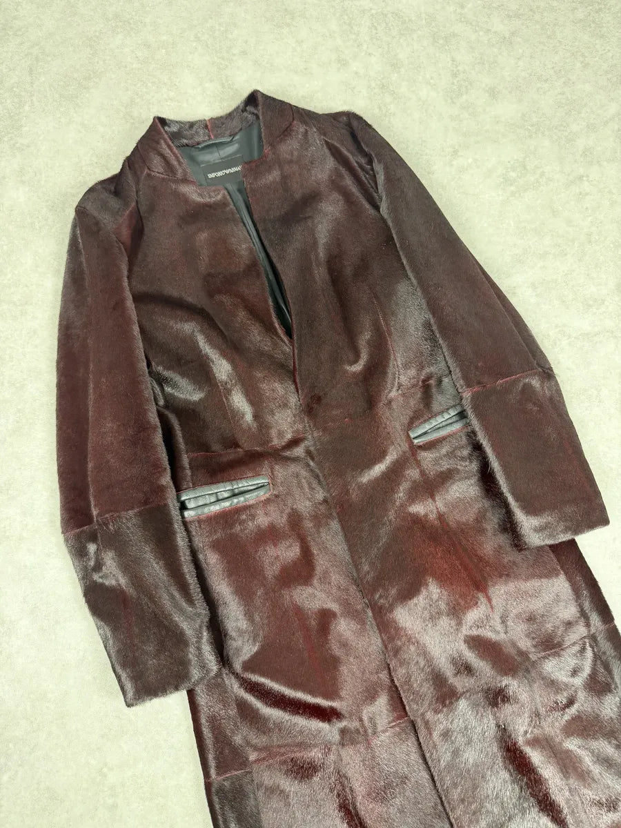 AW2012 Emporio Armani Red Bordeaux Pony Hair Leather Trench Coat FEIFHzD 5