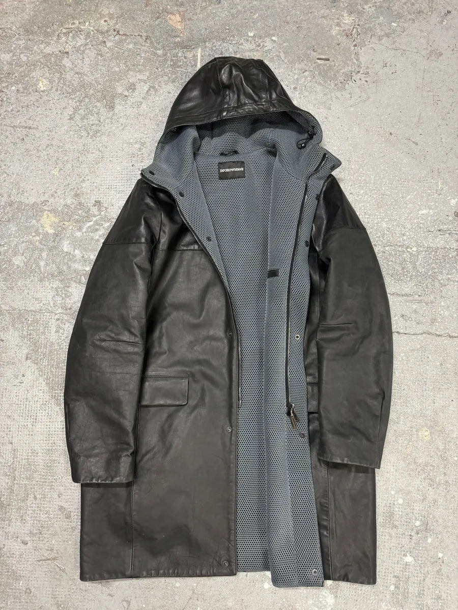 AW2012 Emporio Armani Tactical Black Leather Hooded Jacket FkYqmOf 3
