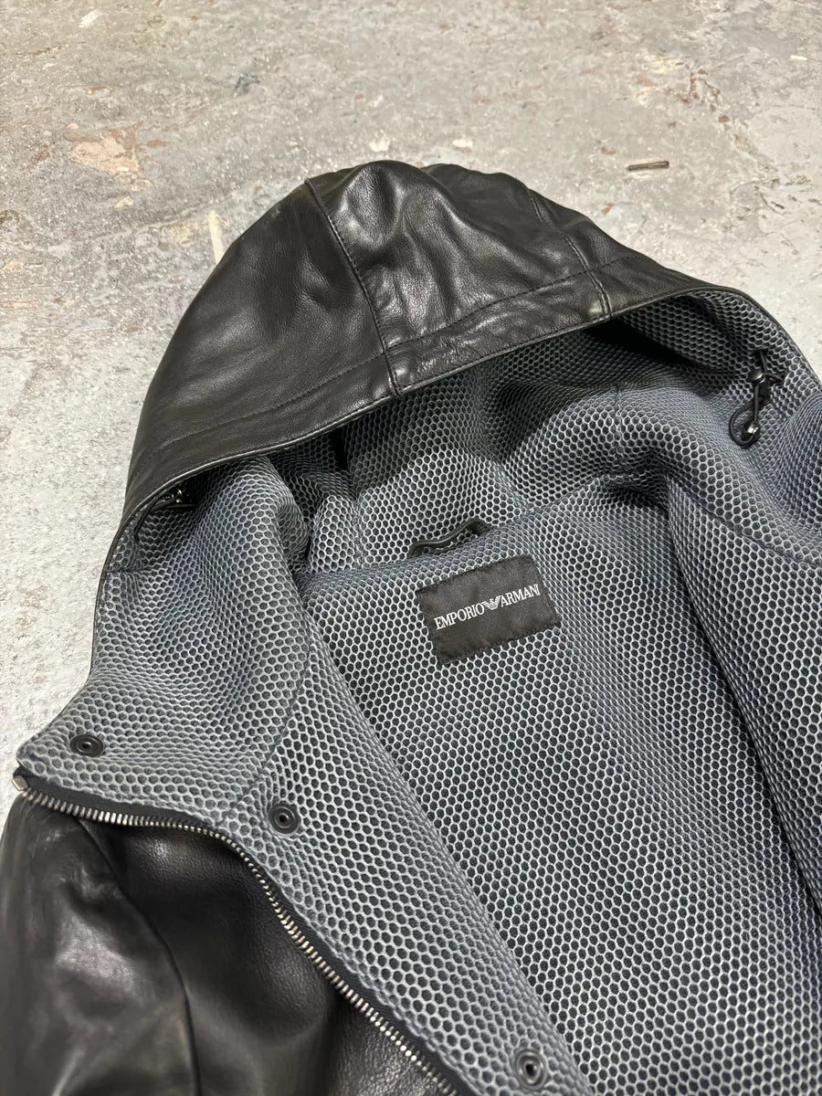 AW2012 Emporio Armani Tactical Black Leather Hooded Jacket FkYqmOf 5