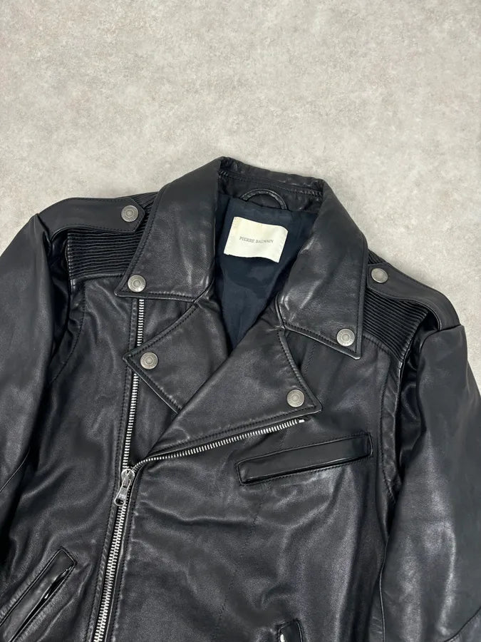 AW2012 Pierre Balmain Black Leather Perfecto Biker Jacket nKKBMSX 4