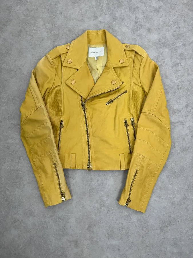 AW2012 Pierre Balmain Yellow Perfecto Leather Biker Jacket RscYqtH 2